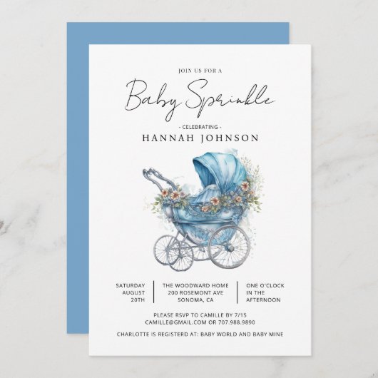 Invitation Aquarelle Blue Baby Carriage C'est une aspersion p (Devant / Derrière)