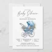 Invitation Aquarelle Blue Baby Carriage C'est une douche pour (Devant)