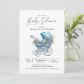 Invitation Aquarelle Blue Baby Carriage C'est une douche pour (Debout devant)