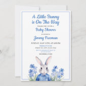 Invitation Aquarelle Blue Bunny Boy Baby shower Floral (Devant)