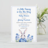 Invitation Aquarelle Blue Bunny Boy Baby shower Floral (Debout devant)