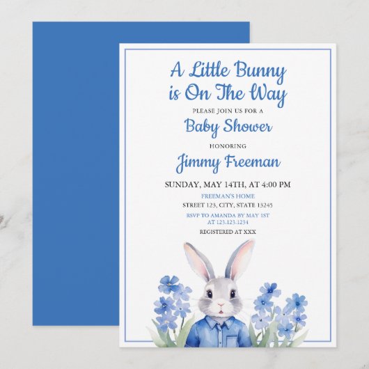 Invitation Aquarelle Blue Bunny Boy Baby shower Floral (Devant / Derrière)