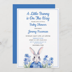 Invitation Aquarelle Blue Bunny Boy Baby shower Floral