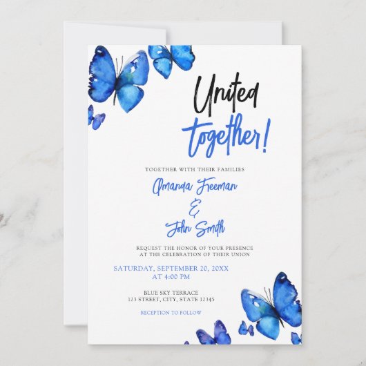 Invitation Aquarelle Blue Butterflies Chic Mariage (Devant)