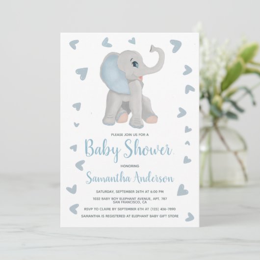 Invitation Aquarelle Blue Elephant Boy Baby shower photo (Debout devant)