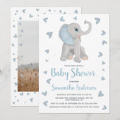 Invitation Aquarelle Blue Elephant Boy Baby shower photo (Devant / Derrière)