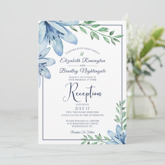 Invitation Aquarelle Blue Floral Mariage Réception (Debout devant)