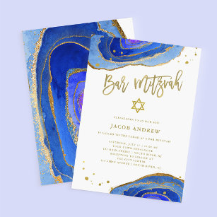 Invitation Aquarelle Blue Geode avec or   Bar Mitzvah