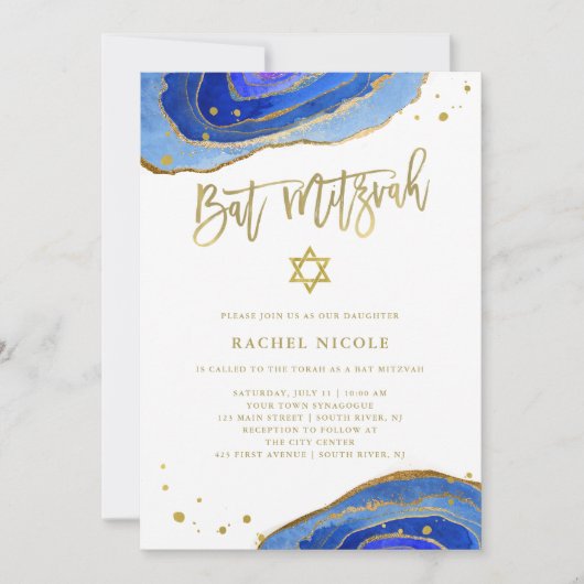 Invitation Aquarelle Blue Geode avec or | BAT MITZVAH (Devant)
