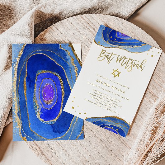 Invitation Aquarelle Blue Geode avec or | BAT MITZVAH