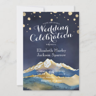 Invitation Aquarelle Blue Gold Foil Mountain Mariage extérieu