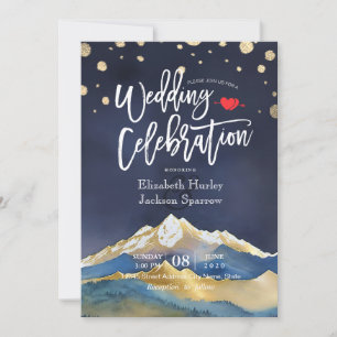 Invitation Aquarelle Blue Gold Foil Mountain Mariage extérieu