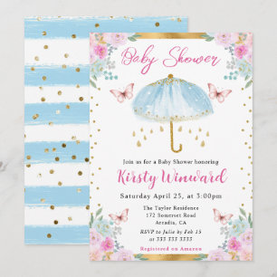 Invitation Aquarelle Blue Gold Spring Baby shower parapluie