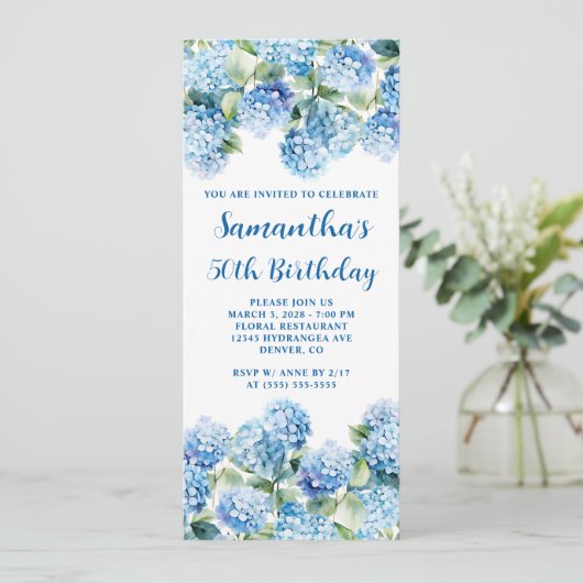 Invitation Aquarelle Blue Hydrangea 50e anniversaire (Debout devant)