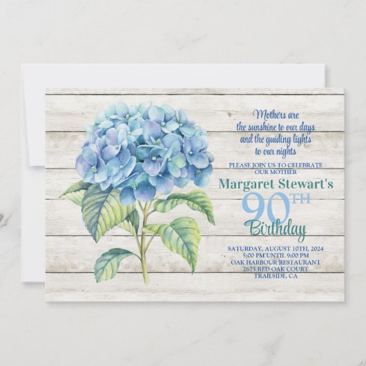 Invitation Aquarelle Blue Hydrangea 90e anniversaire (Devant)