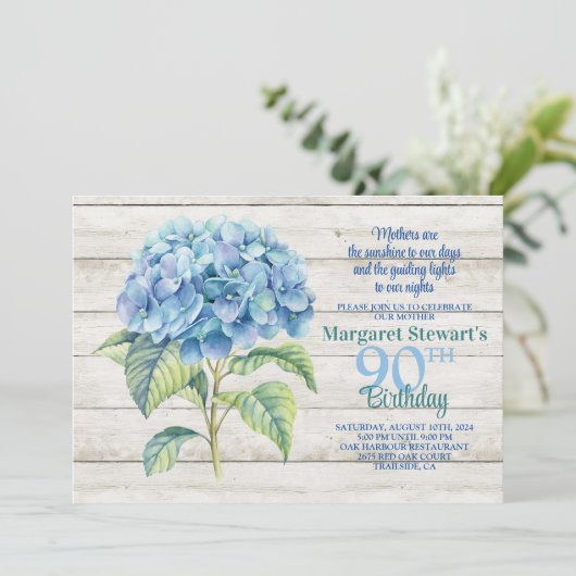 Invitation Aquarelle Blue Hydrangea 90e anniversaire (Debout devant)
