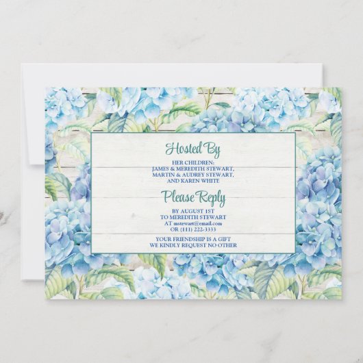 Invitation Aquarelle Blue Hydrangea 90e anniversaire (Dos)