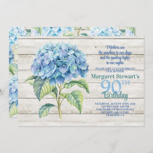 Invitation Aquarelle Blue Hydrangea 90e anniversaire (Devant / Derrière)