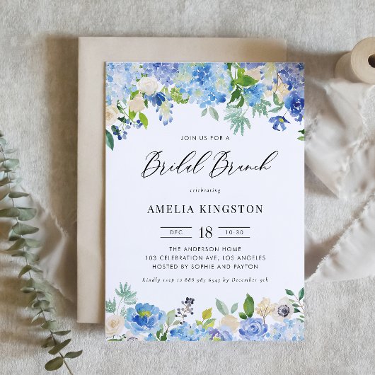 Invitation Aquarelle Blue Hydrangea Floral Bridal Brunch
