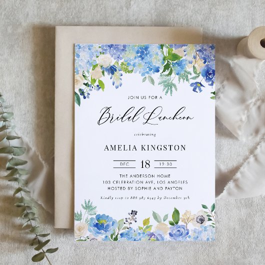 Invitation Aquarelle Blue Hydrangea Floral Bridal Luncheon