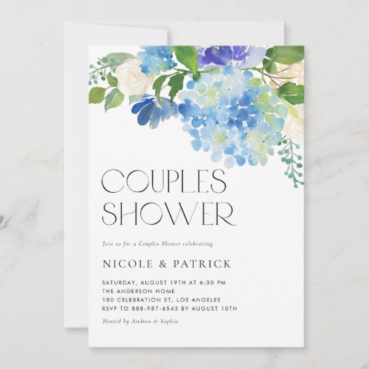 Invitation Aquarelle Blue Hydrangea Floral Couples Douche (Devant)