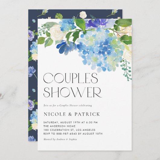 Invitation Aquarelle Blue Hydrangea Floral Couples Douche (Devant / Derrière)