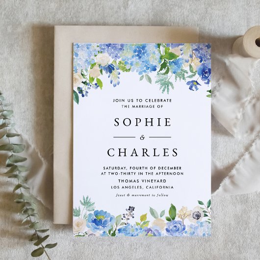Invitation Aquarelle Blue Hydrangea Floral Garland Mariage