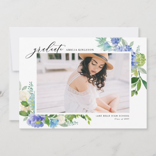 Invitation Aquarelle Blue Hydrangea Frame Photo Graduation (Devant)