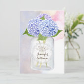 Invitation Aquarelle Blue Hydrangea Mason Jar Fête des mariée (Debout devant)