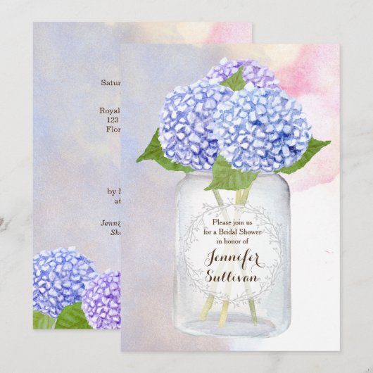 Invitation Aquarelle Blue Hydrangea Mason Jar Fête des mariée (Devant / Derrière)