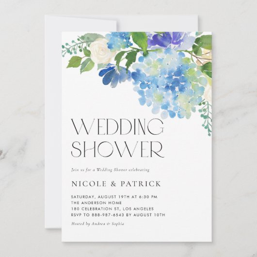 Invitation Aquarelle Blue Hydrangea Wedding shower Floral (Devant)