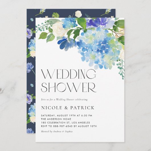 Invitation Aquarelle Blue Hydrangea Wedding shower Floral (Devant / Derrière)