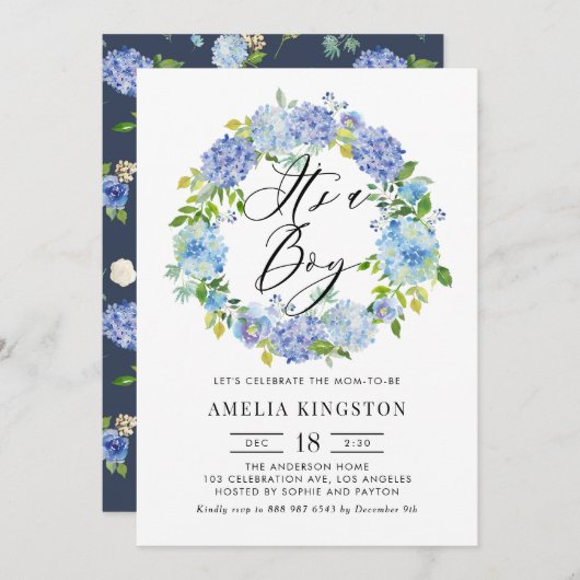 Invitation Aquarelle Blue Hydrangea Wreath C'est un garçon (Devant / Derrière)