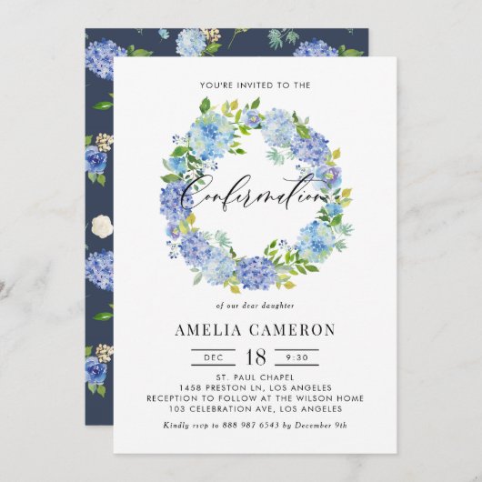 Invitation Aquarelle Blue Hydrangea Wreath Confirmation (Devant / Derrière)