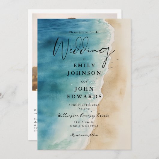 Invitation Aquarelle Blue Ocean Beach Photo QR Code Mariage (Devant / Derrière)