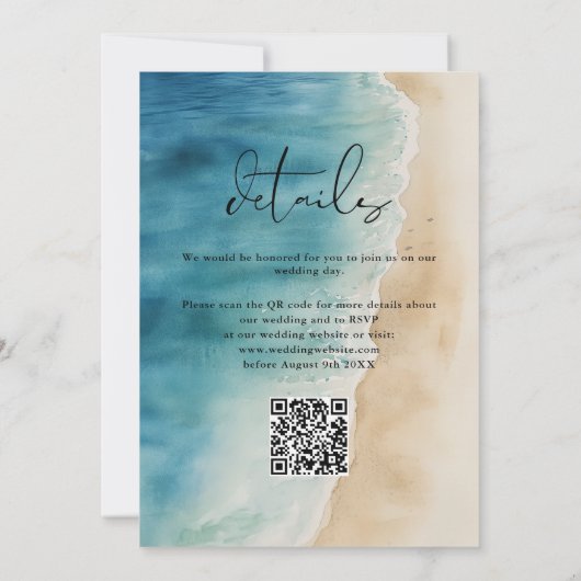 Invitation Aquarelle Blue Ocean Beach Sand QR Code Mariage (Dos)