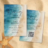Invitation Aquarelle Blue Ocean Beach Sand QR Code Mariage