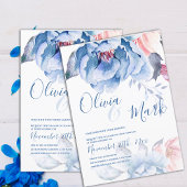 Invitation Aquarelle Blue Peach Floral Cute Script Mariage