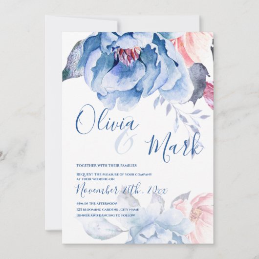 Invitation Aquarelle Blue Peach Floral Cute Script Mariage (Devant)