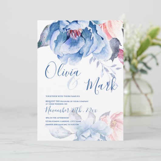 Invitation Aquarelle Blue Peach Floral Cute Script Mariage (Debout devant)