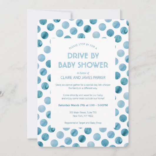 Invitation Aquarelle Blue Polka Dot Drive Par Baby shower (Devant)