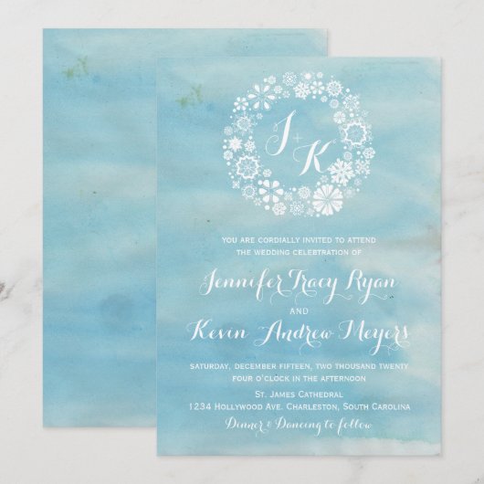 Invitation Aquarelle Blue Snowflakes Wreath Mariage I (Devant / Derrière)