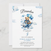 Invitation Aquarelle Blue Teddy Bear Avion 5e anniversaire (Devant)