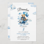 Invitation Aquarelle Blue Teddy Bear Avion 5e anniversaire (Devant / Derrière)