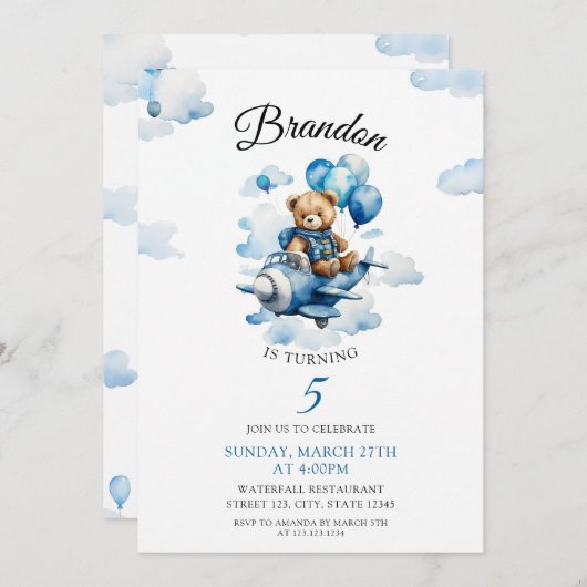 Invitation Aquarelle Blue Teddy Bear Avion 5e anniversaire (Devant / Derrière)