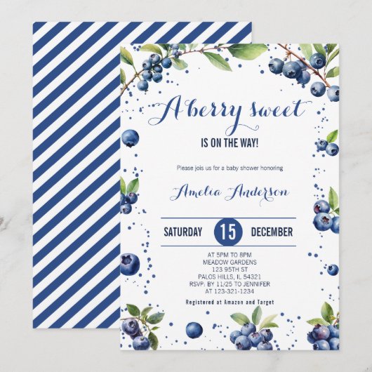 Invitation Aquarelle Blueberry a Sweet Berry Baby shower garç (Devant / Derrière)