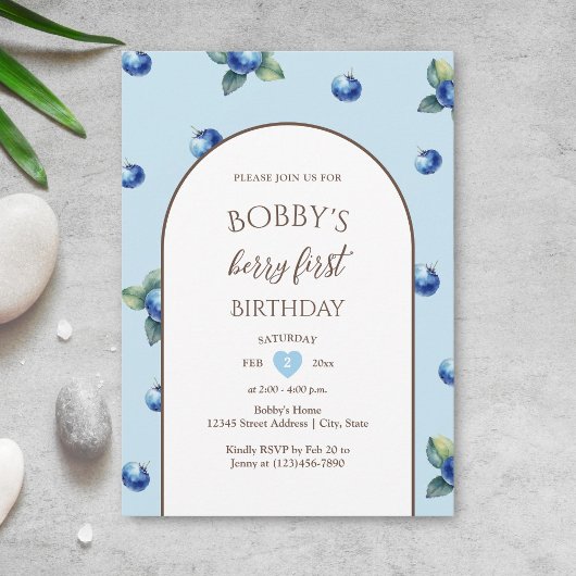 Invitation Aquarelle Blueberry Baby Boy Berry Premier anniver