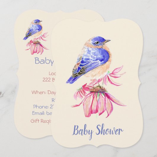 Invitation Aquarelle Bluebird Baby shower garçon ou fille (Devant / Derrière)