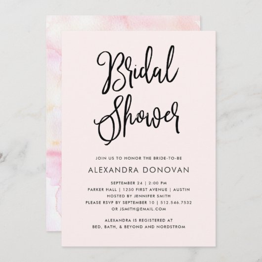 Invitation Aquarelle Blush Boho| Fête de l'mariée (Devant / Derrière)