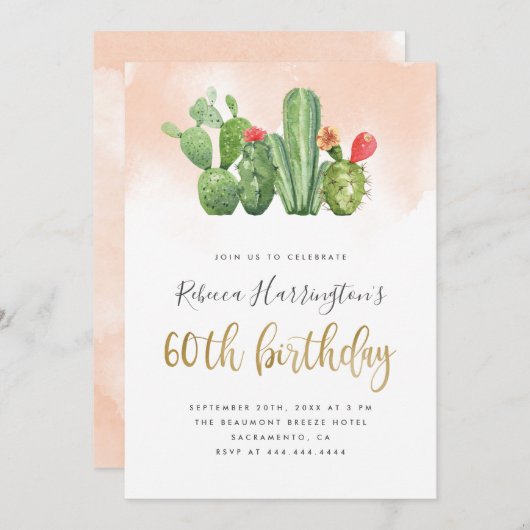 Invitation Aquarelle blush branchée & Cactus 60e anniversaire (Devant / Derrière)